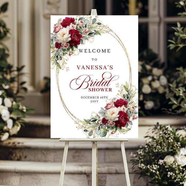 Poster Sinal de Chuveiro de Noiva com Verde Folhagem Flor (Rustic Burgundy Floral Greenery Bridal Shower Welcome)