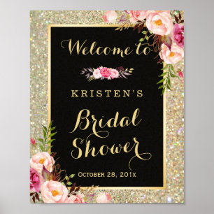 Póster Sinal de Chuveiro de Noiva Dourado Brilho Flores