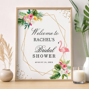Poster Sinal de Chuveiro de Noiva Flamingo Dourado Floral