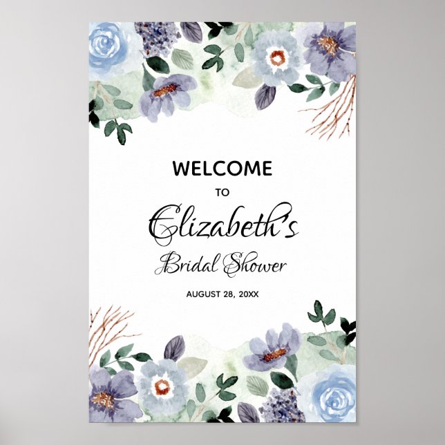 Poster Sinal de Chuveiro de Noiva Floral em Aquarela Eleg (Frente)