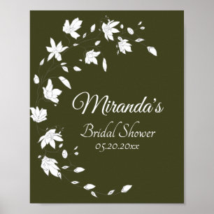Poster Sinal de Chuveiro de Noiva Floral Verde e Branco d
