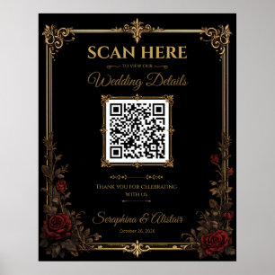 Poster Sinal de Código QR de Casamento Elegante Dark Goth