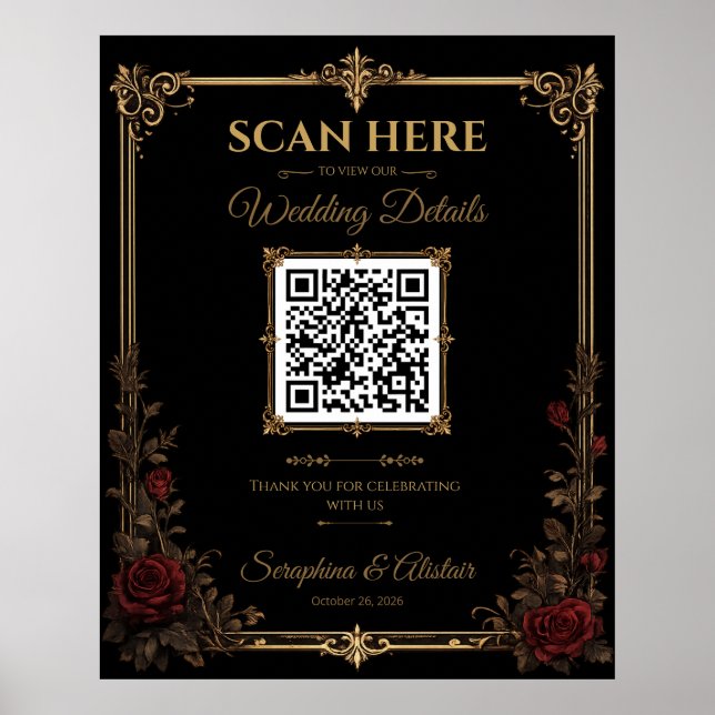 Poster Sinal de Código QR de Casamento Elegante Dark Goth (Frente)