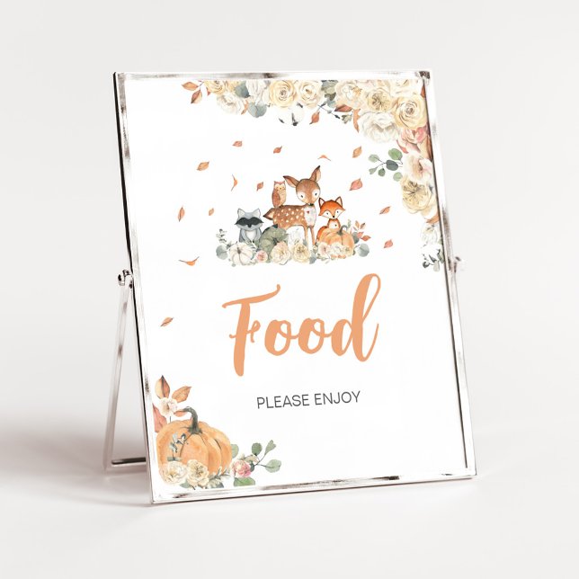 Poster Sinal de Comida de Animais Florestais Florais (Floral Woodland Animals Baby Shower Food Sign)