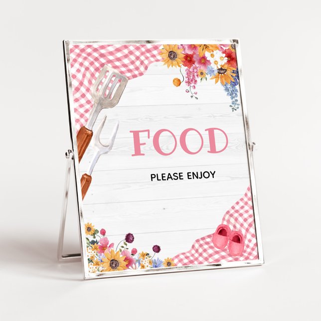 Poster Sinal de comida de Chá de Bebê Churrasco Rosa (Girl Baby-Q Baby Shower Food SIgn)