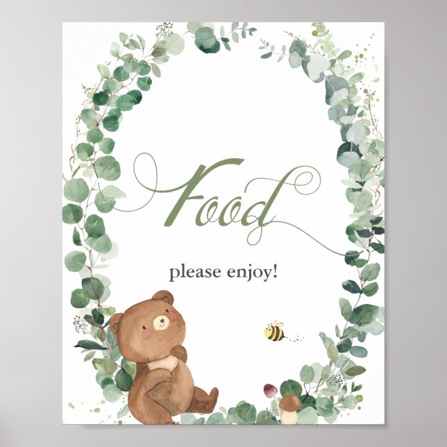 Poster Sinal de Comida de Chá de fraldas Verde Urso Bebê (Frente)