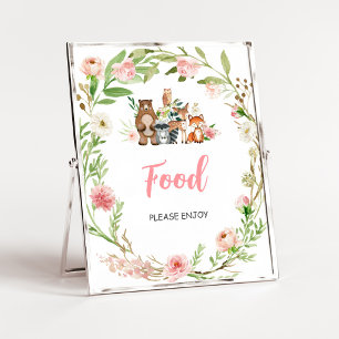 Poster Sinal de comida de chás de bebê Floral Rosa da Flo