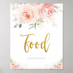 Poster Sinal de Comida de Folha Dourada Floral Cor-de-ros