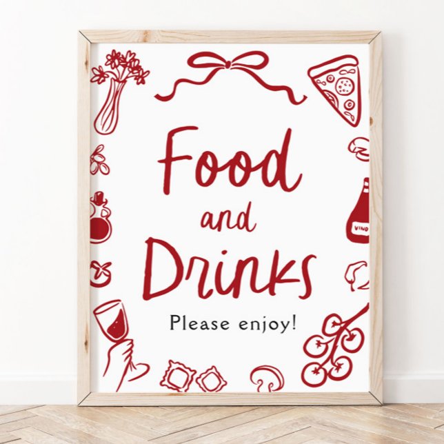 Poster Sinal de comida e bebida italiana desenhada à mão  (Red Italian Hand Drawn Food and Drinks Sign)