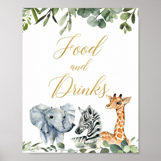 Poster Sinal de comida e bebidas de animais Safari (Frente)