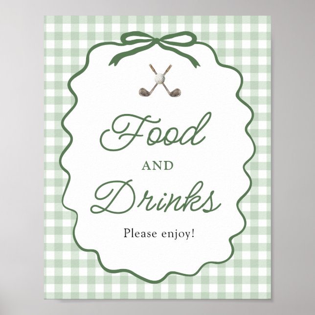 Poster Sinal de Comida e Bebidas de Golfe com Laço Xadrez (Frente)