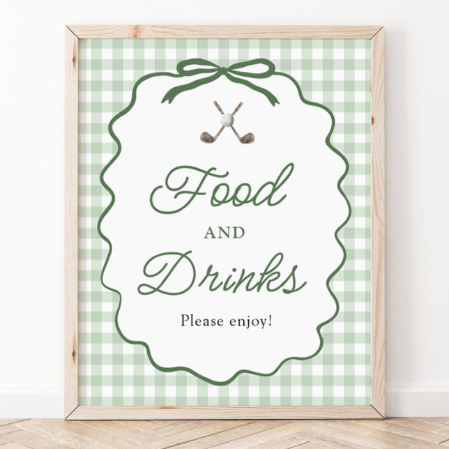 Poster Sinal de Comida e Bebidas de Golfe com Laço Xadrez (Sage Green Gingham Bow Golf Food and Drinks Sign)