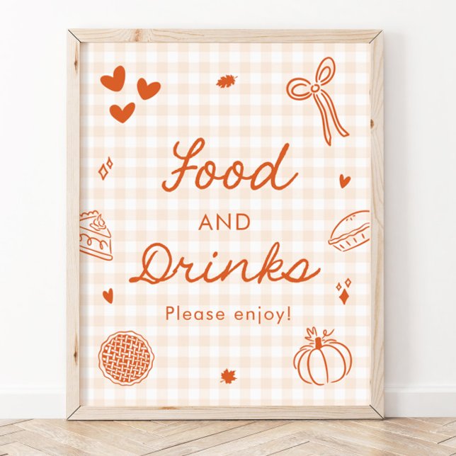 Poster Sinal de Comida e Bebidas Fall Orange Gingham Cuti (Fall Orange Gingham Cutie Pie Food and Drinks Sign)