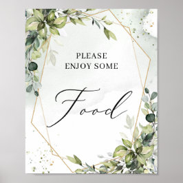 Poster Sinal de comida geométrico dourado folhagem verde