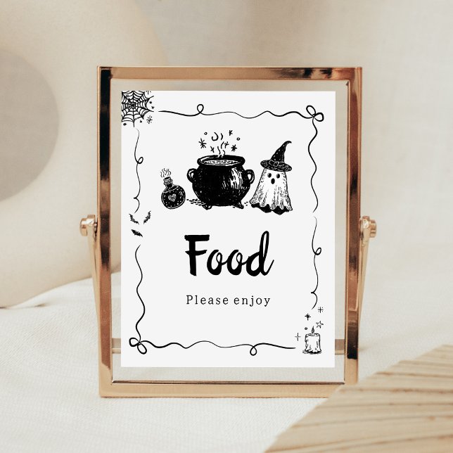 Poster Sinal de Comida Halloween Baby is Brewing (Hand Drawn A Baby is Brewing Baby Shower Food Sign)