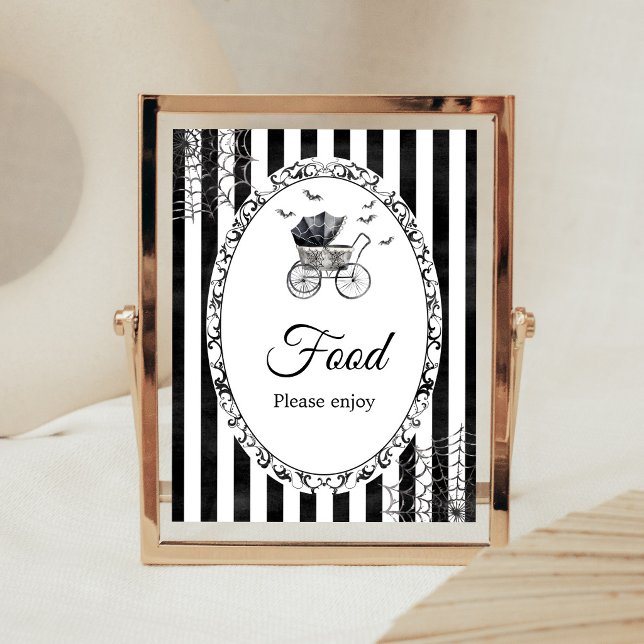 Poster Sinal de comida para carrinho gótico de Halloween (Gothic Carriage Bats Baby Shower Food Sign)