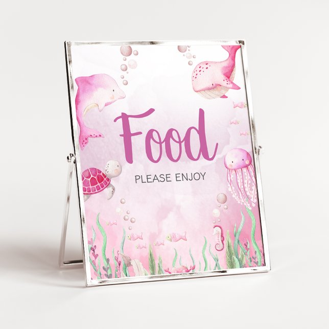 Poster Sinal de comida para chá de bebê rosa debaixo do m (Under the Sea Baby Shower Sign)