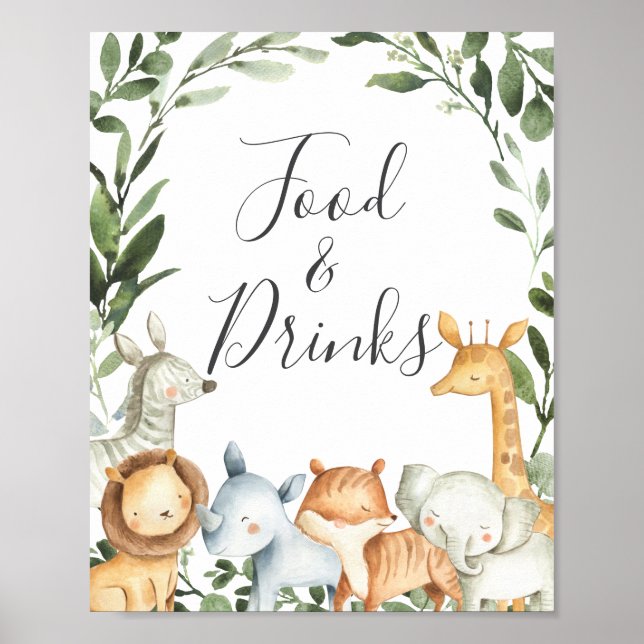 Poster Sinal de Comidas e Bebidas de Animais Safari (Frente)