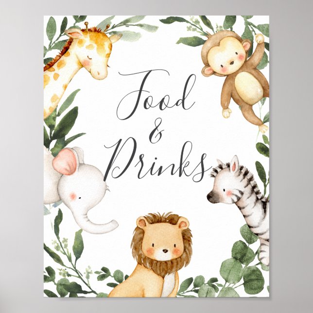Poster Sinal de Comidas e Bebidas de Animais Safari (Frente)