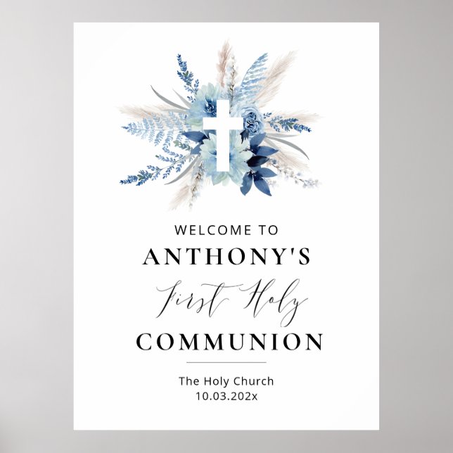 Poster sinal de comunhão floral azul-pampas (Frente)