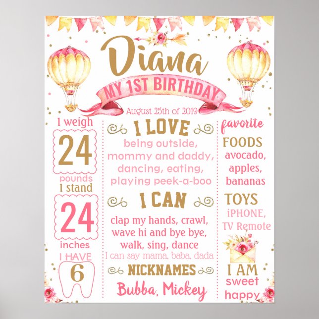 Poster Sinal de conselho de giz de primeiro aniversário d (Frente)