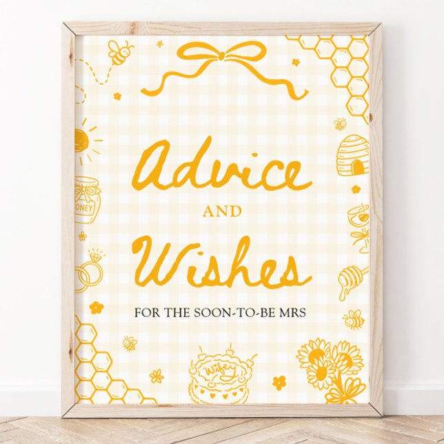 Poster Sinal de Conselhos e Desejos do Abelha Mel Gingham (Yellow Gingham Honey Bee Advice and Wishes Sign)