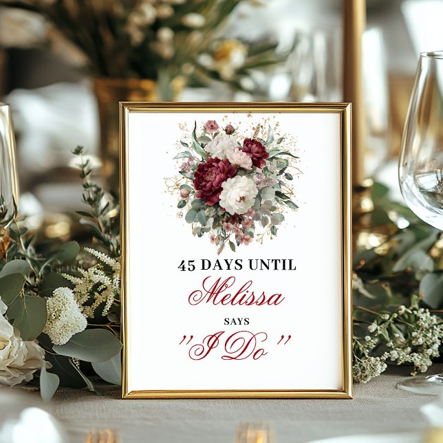 Poster Sinal de Contagem Regressiva para Casamento Timele (Timeless Blush Burgundy Countdown Bridal Sign)