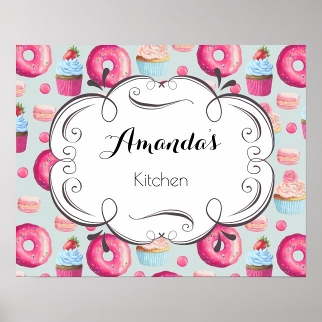 Poster Sinal De Cozinha Com Macarões E Cupcakes Rosquinha (Frente)