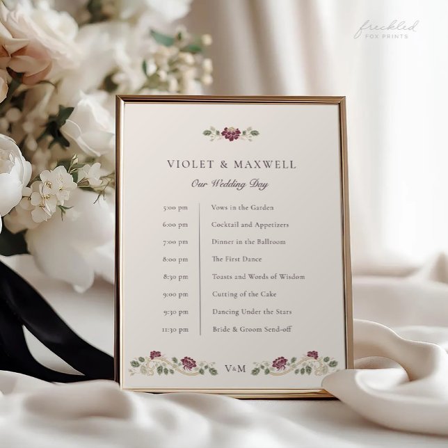 Poster Sinal de Cronograma de Casamento Floral Borgonha (Burgundy floral Art Nouveau Wedding Timeline sign)