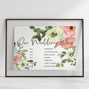 Poster Sinal de Cronograma de Casamento Floral Rosa com C