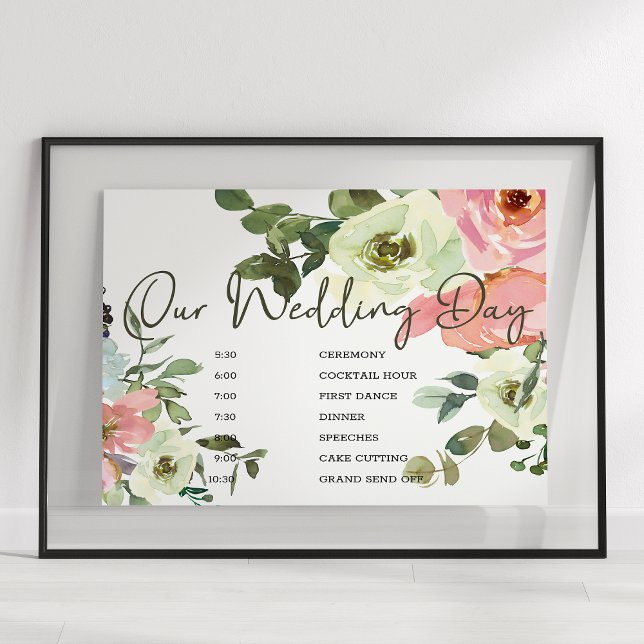 Poster Sinal de Cronograma de Casamento Floral Rosa com C (Criador carregado)