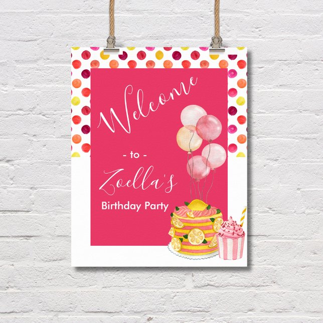 Poster Sinal de Cupcake de Bolo Amarelo Rosa (Pink Yellow Birthday Party Poster)