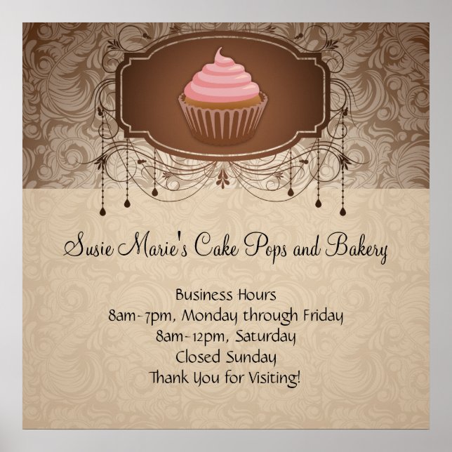 Poster Sinal de Design de Cupcake Damask Mocha Elegant Gl (Frente)