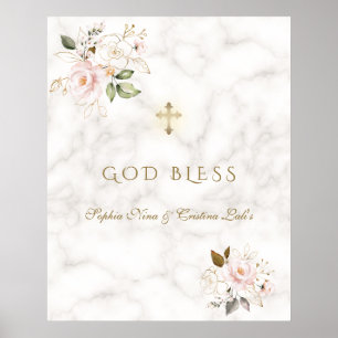 Poster Sinal de Deus abençoe de Batismo Floral Dourado, C