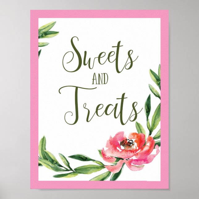 Poster Sinal de Doces Florais em Aquarela Rosa e Verde (Frente)