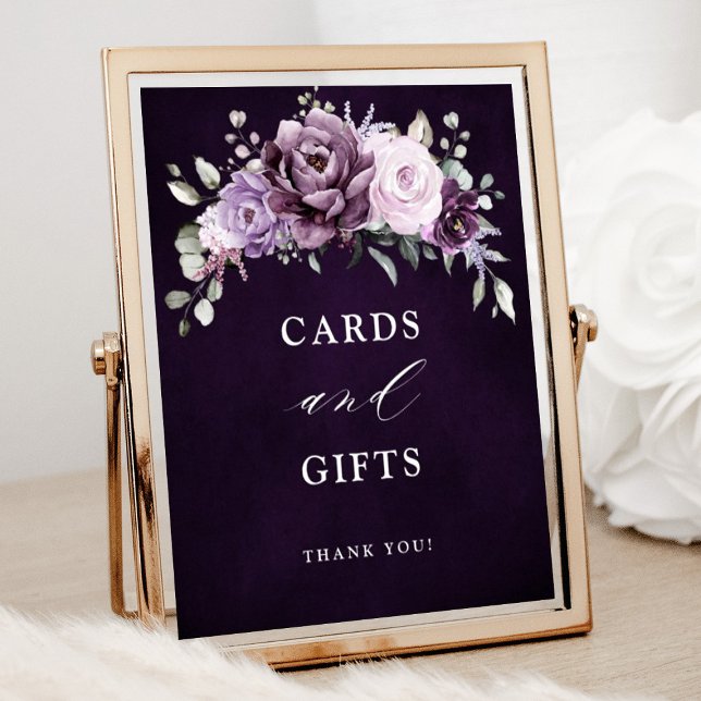 Poster Sinal de Dons e Cartazes de Blooms Roxos Dusty (Shades of dusty purple bloom cards and gifts wedding sign)