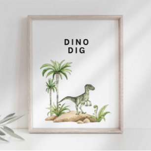 Poster Sinal de Escavação de Dinossauro Jurássico em Aqua