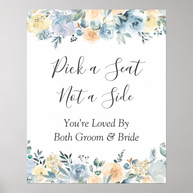 Poster Sinal de Escolha de Assento de Casamento Floral Az (Frente)