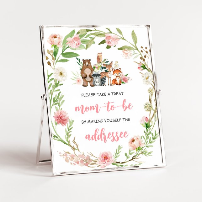 Poster Sinal de Estação de Envelope de Banho Floral Rosa  (Girl Woodland Animals Baby Shower Envelope Station Sign)