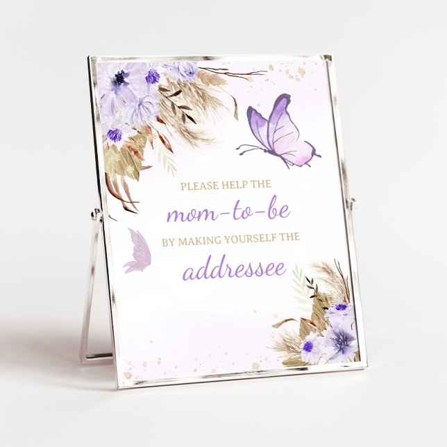 Poster Sinal de Estação de Envelope de Chuvinha de Bebê B (Purple Butterfly Baby Shower Envelope Station Sign)