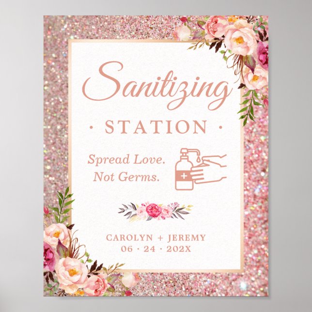 Poster Sinal de Estação de Sanitização de Casamento Rosa  (Frente)