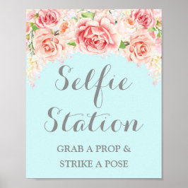 Poster Sinal de Estação de Selfie Casamento Rosa Aquarela