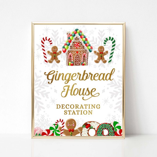 Poster Sinal de Estação Decoratória de Gingercake House (Gingerbread House Decorating Station Sweet Christmas Party Theme)