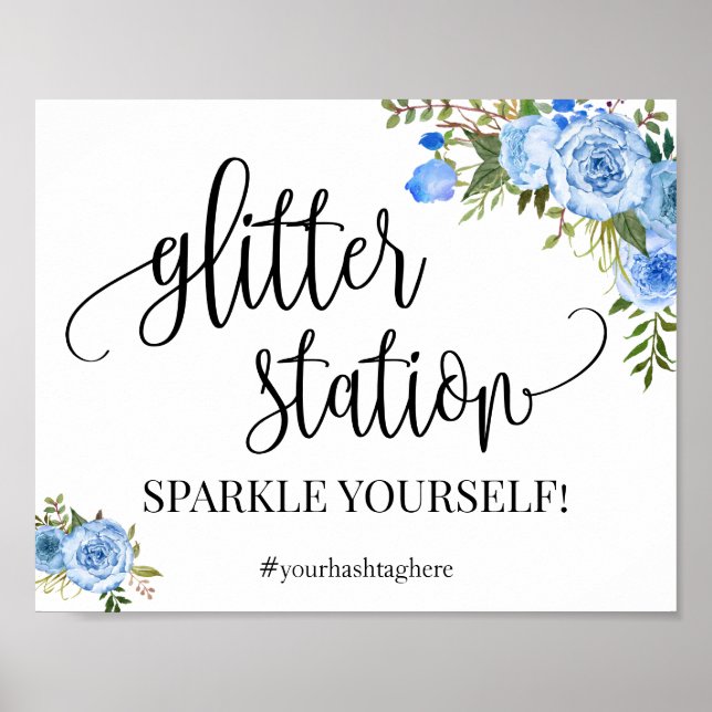 Poster Sinal de Estação Glitter azul boho chique Chá de N (Frente)