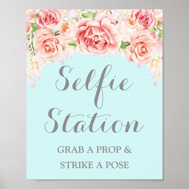 Poster Sinal de Estação Selfie Casamento Rosa Aguarela Az (Frente)