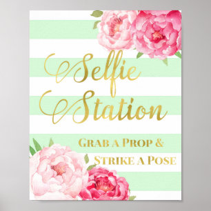 Poster Sinal de Estação Selfie Rosa Floral Dourado Listra