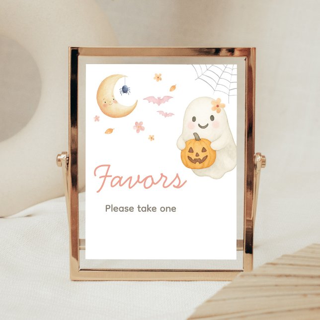Poster Sinal de Favor da Festa de Bebê Little Boo Rosa (Girl Halloween Baby Shower Favors Sign)