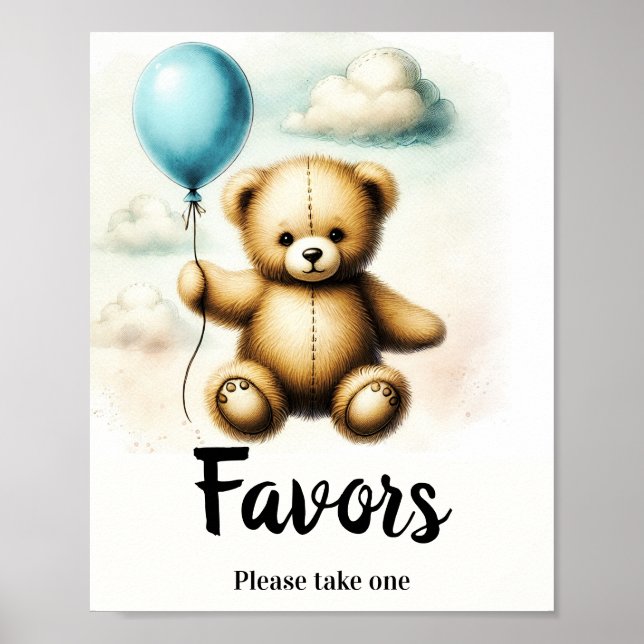 Poster Sinal de Favor de Aniversário do Urso Azul Teddy (Frente)