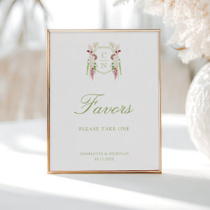 Poster Sinal de Favor de Casamento com Monograma Floral e