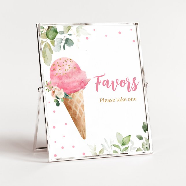 Poster Sinal de Favor de Chuveiro de Bebê de Sorvete Rosa (Girl Ice Cream Baby Shower Favor Sign)